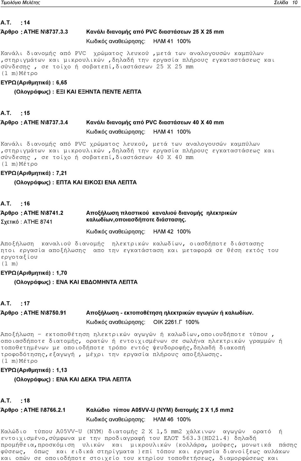 εργασία πλήρους εγκαταστάσεως και σύνδεσης, σε τοίχο ή σοβατεπί,διαστάσεων 25 Χ 25 mm (1 m)μέτρο ΕΥΡΩ (Αριθμητικά) : 6,65 (Ολογράφως) : ΕΞΙ ΚΑΙ ΕΞΗΝΤΑ ΠΕΝΤΕ ΛΕΠΤΑ Α.Τ. : 15 Άρθρο : ΑΤΗΕ Ν\8737