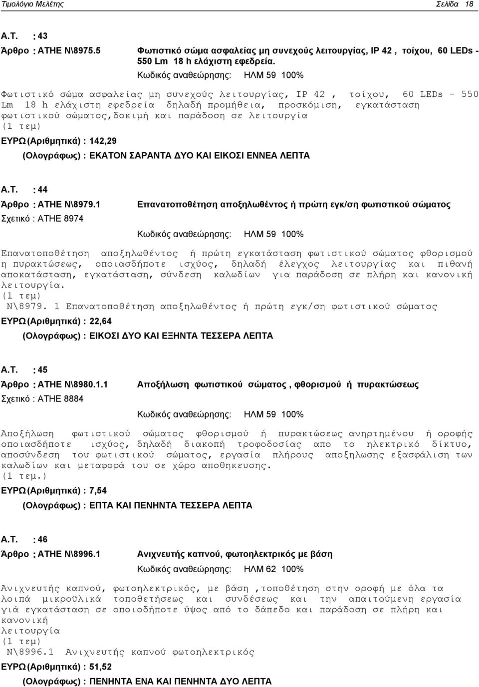 σώματος,δοκιμή και παράδοση σε λειτουργία ΕΥΡΩ (Αριθμητικά) : 142,29 (Ολογράφως) : ΕΚΑΤΟΝ ΣΑΡΑΝΤΑ ΔΥΟ ΚΑΙ ΕΙΚΟΣΙ ΕΝΝΕΑ ΛΕΠΤΑ Α.Τ. : 44 Άρθρο : ΑΤΗΕ Ν\8979.