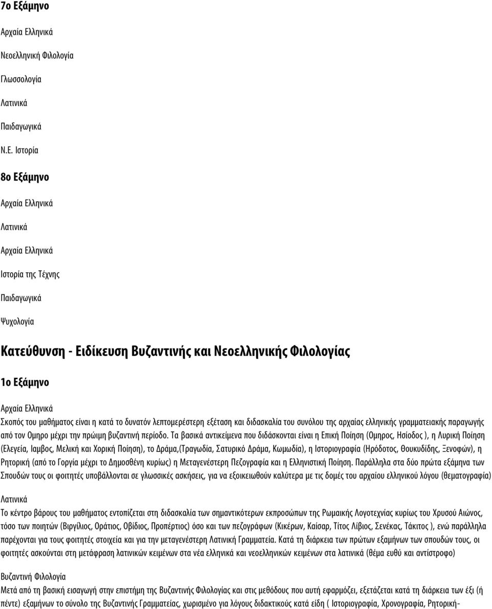 Τα βασικά αντικείμενα που διδάσκονται είναι η Επική Ποίηση (Ομηρος, Ησίοδος ), η Λυρική Ποίηση (Ελεγεία, Ιαμβος, Μελική και Χορική Ποίηση), το Δράμα,(Τραγωδία, Σατυρικό Δράμα, Κωμωδία), η