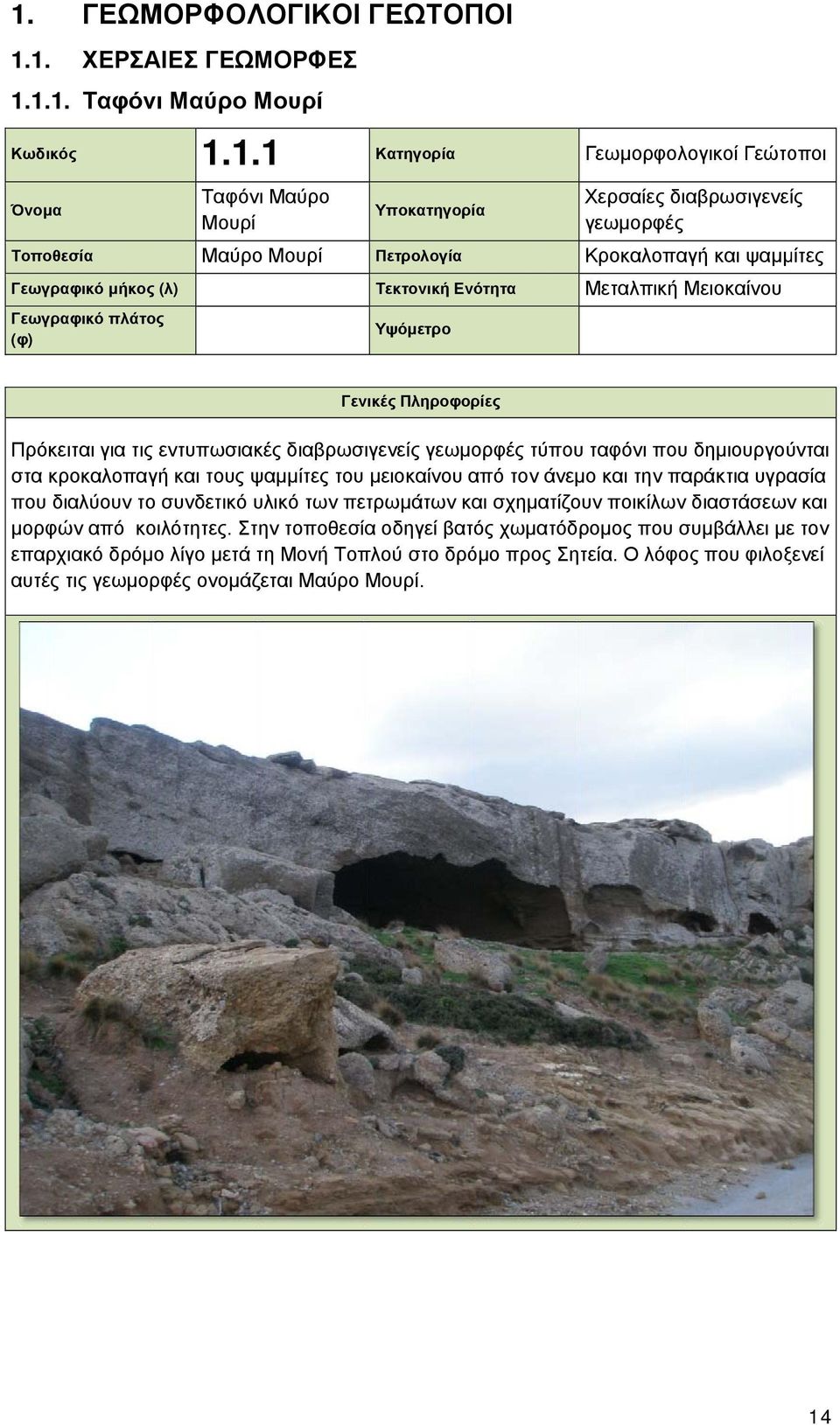 τους ψαμμίτες του μειοκαίνου από τον άνεμο και την παράκτια υγρασία που διαλύουν το συνδετικό υλικό των πετρωμάτων και σχηματίζουν ποικίλων διαστάσεων και μορφών από κοιλότητες.