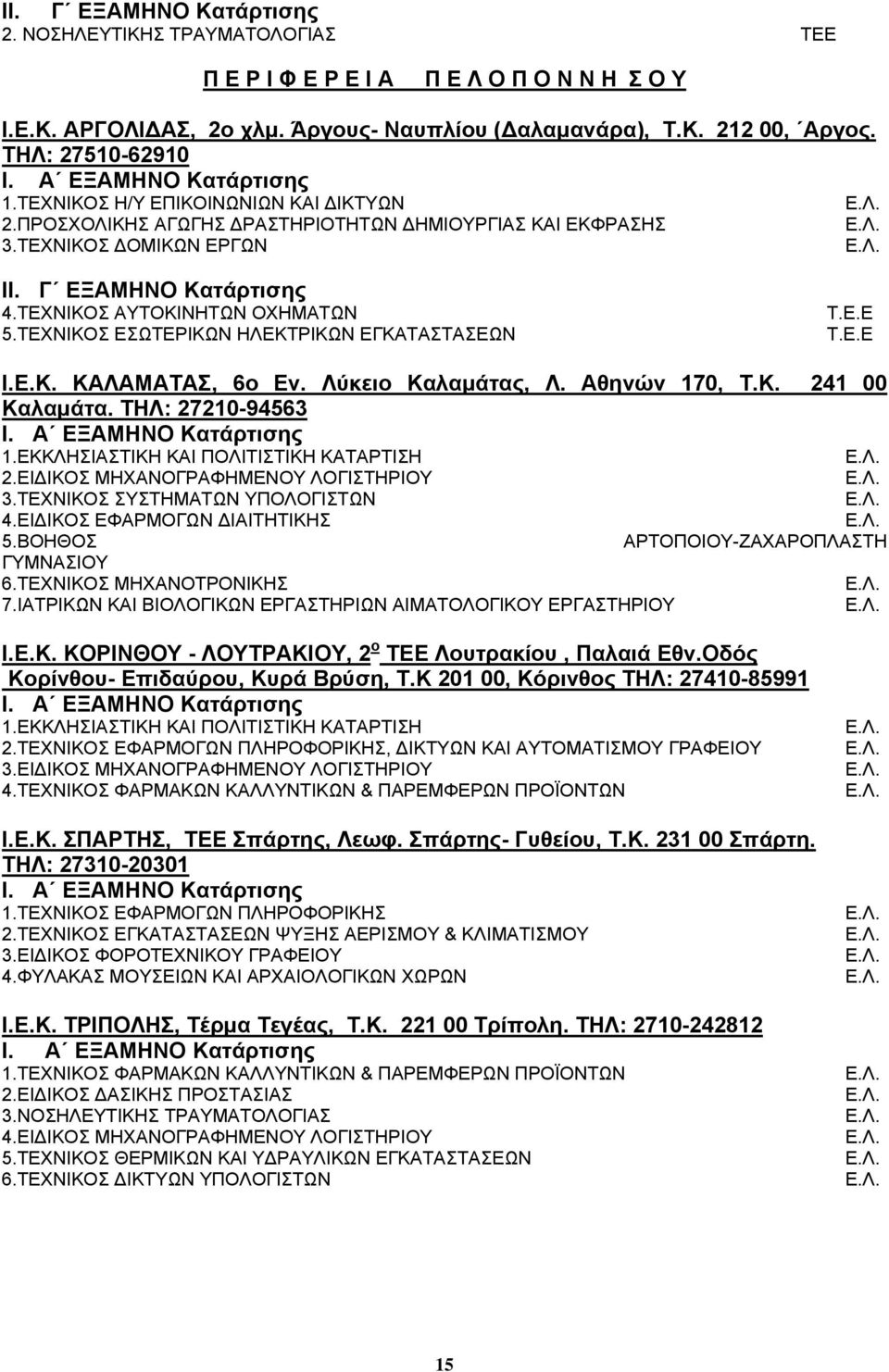 ΤΕΧΝΙΚΟΣ ΕΣΩΤΕΡΙΚΩΝ ΗΛΕΚΤΡΙΚΩΝ ΕΓΚΑΤΑΣΤΑΣΕΩΝ Τ.Ε.Ε Τ.Ε.Ε Ι.Ε.Κ. ΚΑΛΑΜΑΤΑΣ, 6ο Εν. Λύκειο Καλαμάτας, Λ. Αθηνών 170, Τ.Κ. 241 00 Καλαμάτα. ΤΗΛ: 27210-94563 1.ΕΚΚΛΗΣΙΑΣΤΙΚΗ ΚΑΙ ΠΟΛΙΤΙΣΤΙΚΗ ΚΑΤΑΡΤΙΣΗ 2.