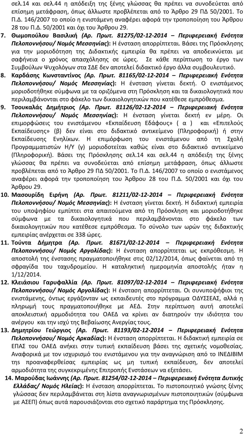 81275/02-12-2014 Περιφερειακή Ενότητα Πελοποννήσου/ Νομός Μεσσηνίας): Η ένσταση απορρίπτεται.
