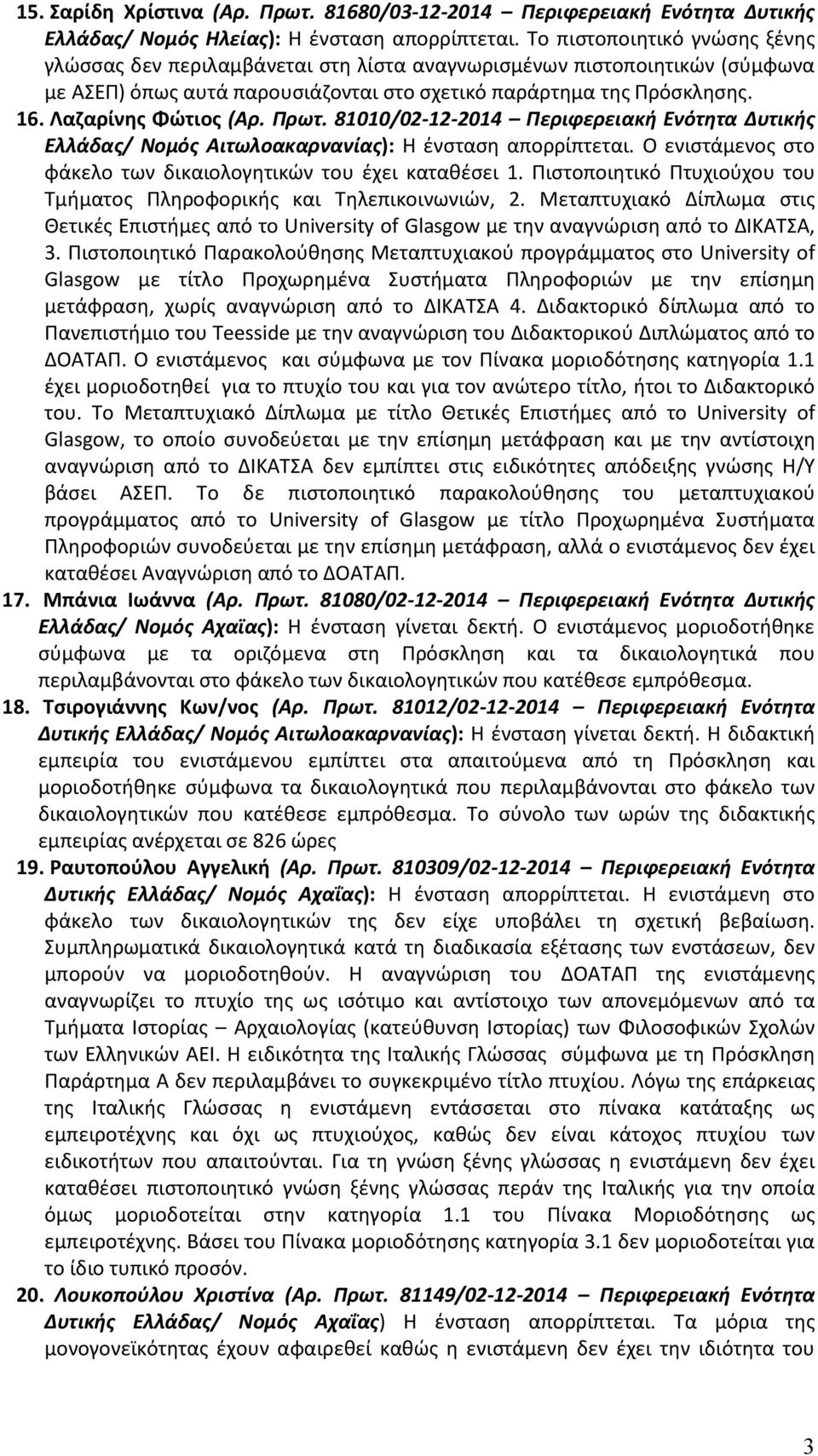 Λαζαρίνης Φώτιος (Αρ. Πρωτ. 81010/02-12-2014 Περιφερειακή Ενότητα Δυτικής Ελλάδας/ Νομός Αιτωλοακαρνανίας): Η ένσταση απορρίπτεται. Ο ενιστάμενος στο φάκελο των δικαιολογητικών του έχει καταθέσει 1.
