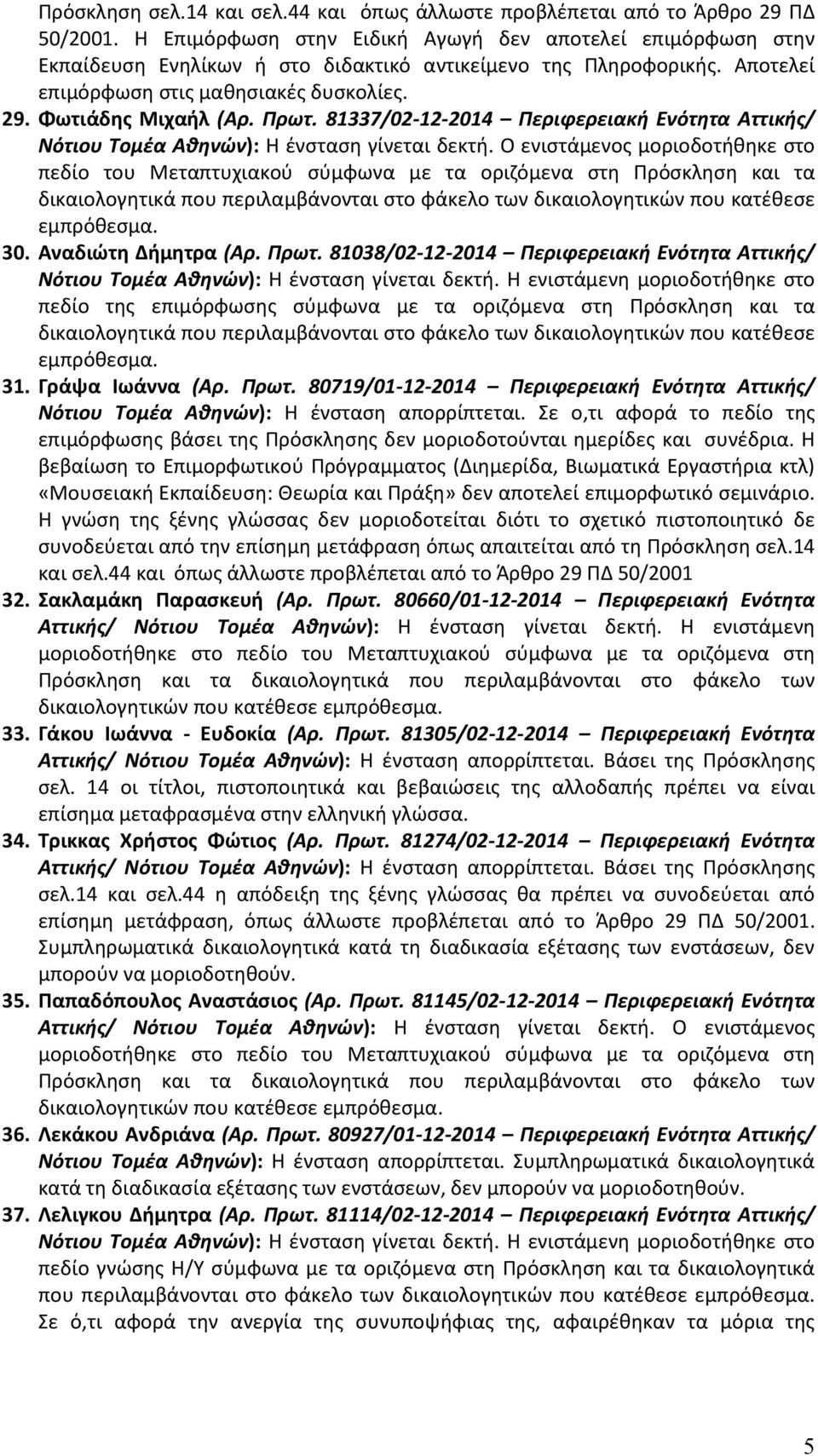 Πρωτ. 81337/02-12-2014 Περιφερειακή Ενότητα Αττικής/ Νότιου Τομέα Αθηνών): Η ένσταση γίνεται δεκτή.