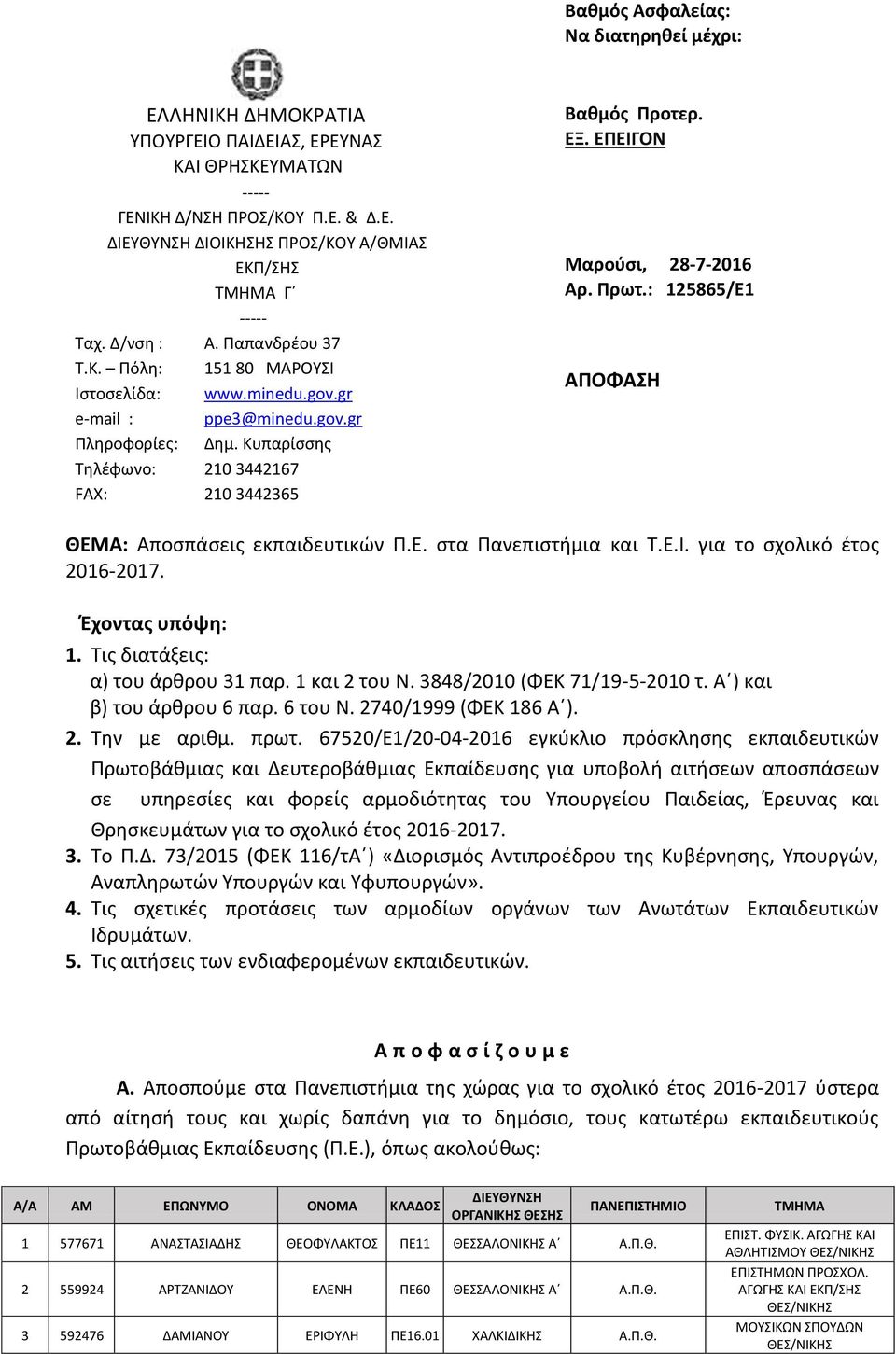 ΕΠΕΙΓΟΝ Μαρούσι, 28-7-2016 Αρ. Πρωτ.: 125865/Ε1 ΑΠΟΦΑΣΗ ΘΕΜΑ: Αποσπάσεις εκπαιδευτικών Π.Ε. στα Πανεπιστήμια και Τ.Ε.Ι. για το σχολικό έτος 2016-2017. Έχοντας υπόψη: 1.