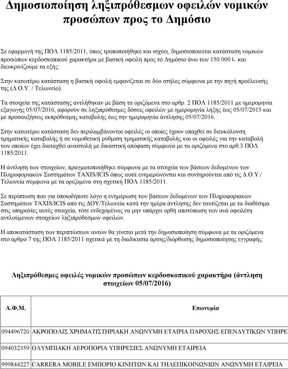 Τα στοιχεία της κατάστασης αντλήθηκαν με βάση τα οριζόμενα στο αρθρ.