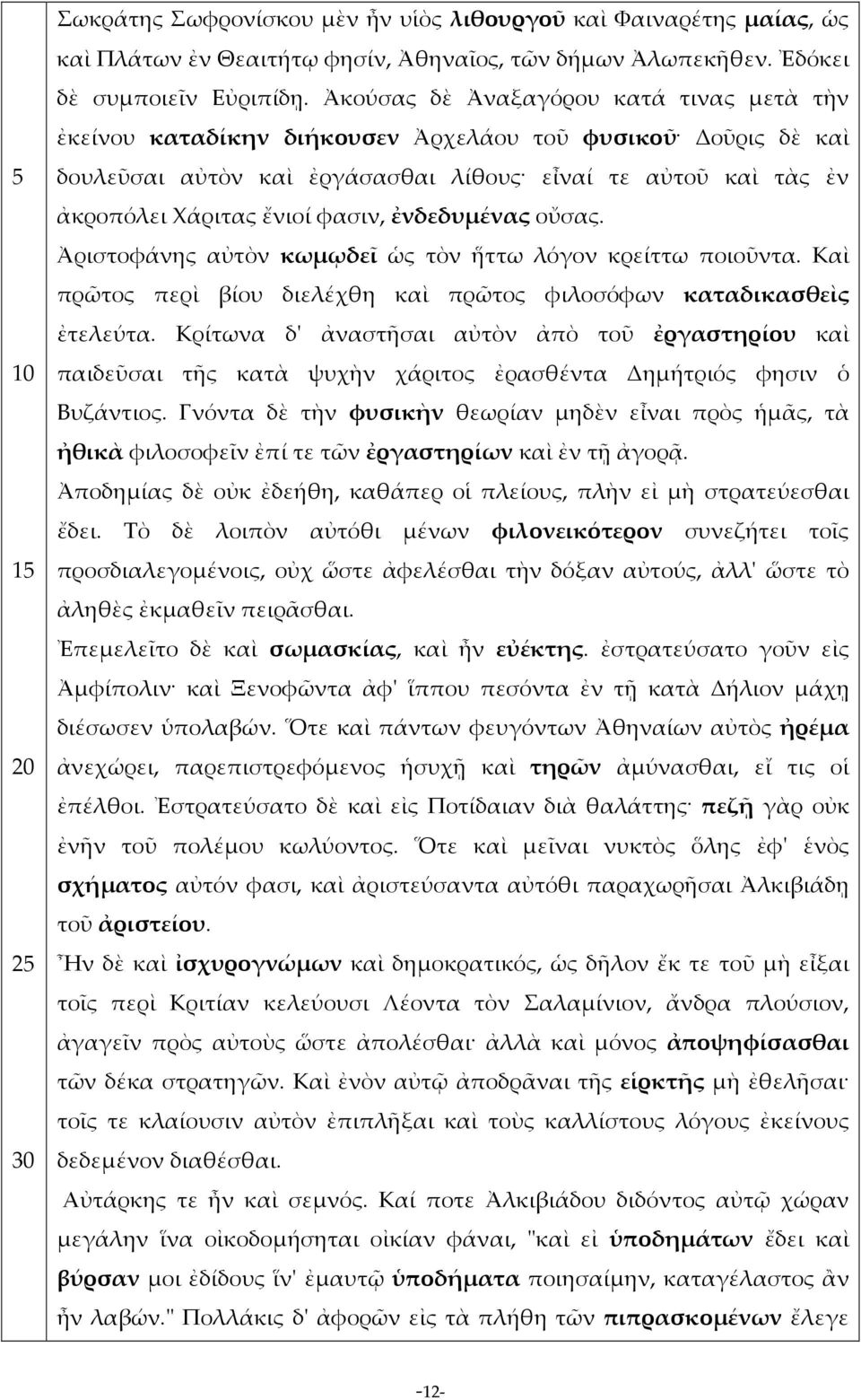 ἐνδεδυμένας οὔσας. Ἀριστοφάνης αὐτὸν κωμῳδεῖ ὡς τὸν ἥττω λόγον κρείττω ποιοῦντα. Καὶ πρῶτος περὶ βίου διελέχθη καὶ πρῶτος φιλοσόφων καταδικασθεὶς ἐτελεύτα.