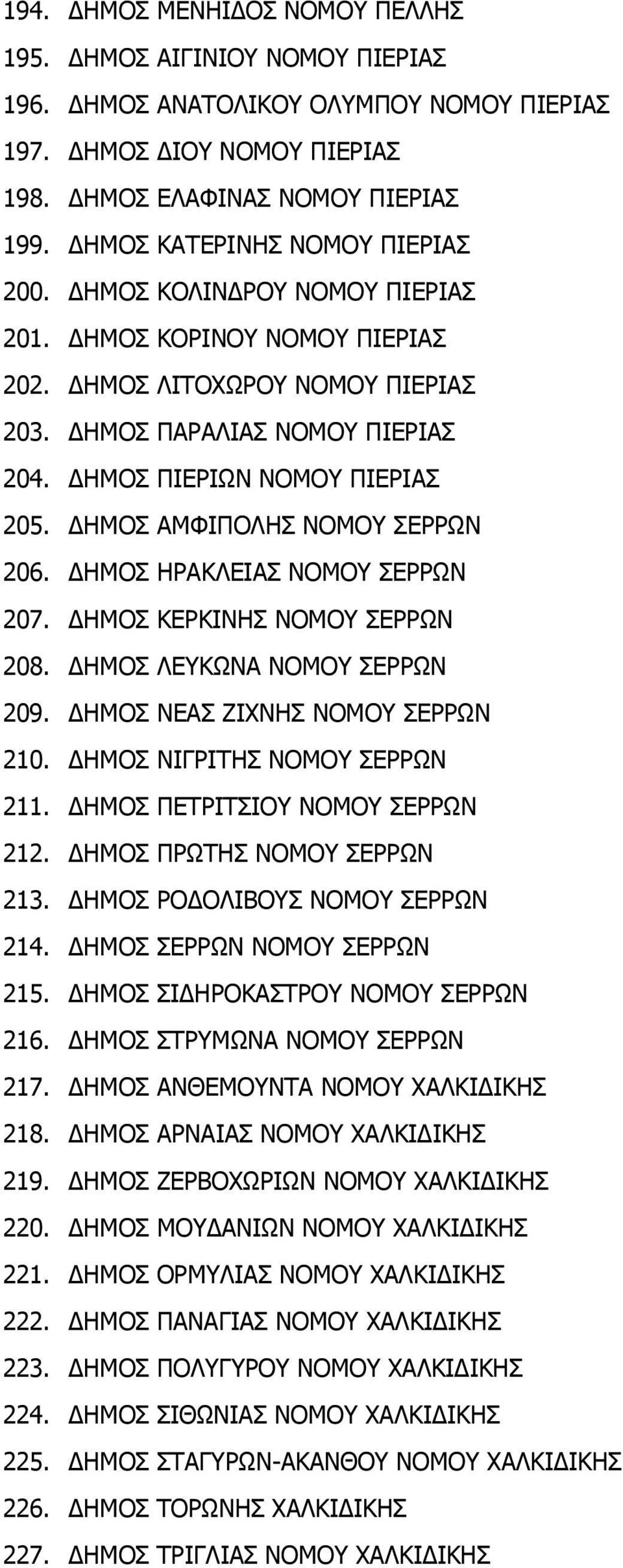 ΔΗΜΟΣ ΠΙΕΡΙΩΝ ΝΟΜΟΥ ΠΙΕΡΙΑΣ 205. ΔΗΜΟΣ ΑΜΦΙΠΟΛΗΣ ΝΟΜΟΥ ΣΕΡΡΩΝ 206. ΔΗΜΟΣ ΗΡΑΚΛΕΙΑΣ ΝΟΜΟΥ ΣΕΡΡΩΝ 207. ΔΗΜΟΣ ΚΕΡΚΙΝΗΣ ΝΟΜΟΥ ΣΕΡΡΩΝ 208. ΔΗΜΟΣ ΛΕΥΚΩΝΑ ΝΟΜΟΥ ΣΕΡΡΩΝ 209.