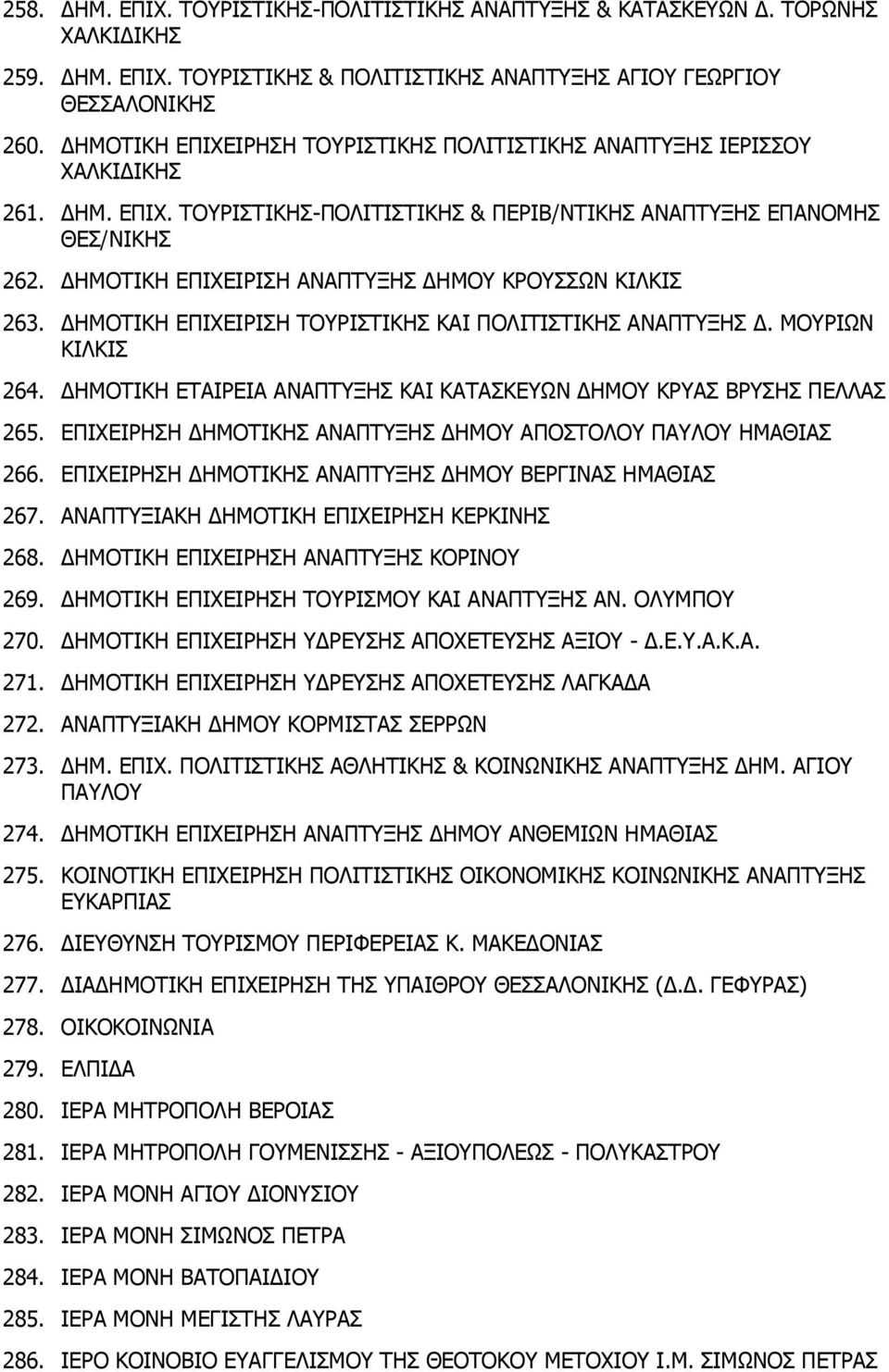 ΔΗΜΟΤΙΚΗ ΕΠΙΧΕΙΡΙΣΗ ΑΝΑΠΤΥΞΗΣ ΔΗΜΟΥ ΚΡΟΥΣΣΩΝ ΚΙΛΚΙΣ 263. ΔΗΜΟΤΙΚΗ ΕΠΙΧΕΙΡΙΣΗ ΤΟΥΡΙΣΤΙΚΗΣ ΚΑΙ ΠΟΛΙΤΙΣΤΙΚΗΣ ΑΝΑΠΤΥΞΗΣ Δ. ΜΟΥΡΙΩΝ ΚΙΛΚΙΣ 264.