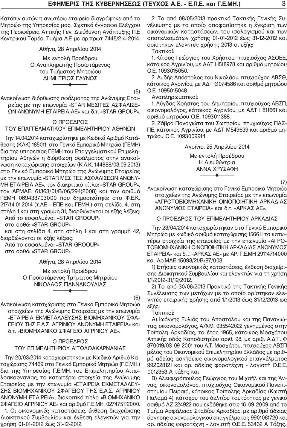 Αθήνα, 28 Απριλίου 2014 Ο Αναπληρωτής Προϊστάμενος του Τμήματος Μητρώου ΔΗΜΗΤΡΙΟΣ ΓΛΥΝΟΣ (5) Ανακοίνωση διόρθωσης σφάλματος της Ανώνυμης Εται ρείας με την επωνυμία «STAR ΜΕΣΙΤΕΣ ΑΣΦΑΛΙΣΕ ΩΝ ΑΝΩΝΥΜΗ