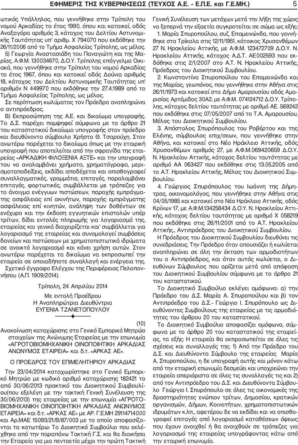 Χ 794070 που εκδόθηκε την 26/11/2006 από το Τμήμα Ασφαλείας Τρίπολης, ως μέλος. 5) Γεωργία Αναστασιάδη του Παναγιώτη και της Μα ρίας, Α.Φ.Μ. 130034670, Δ.Ο.Υ.