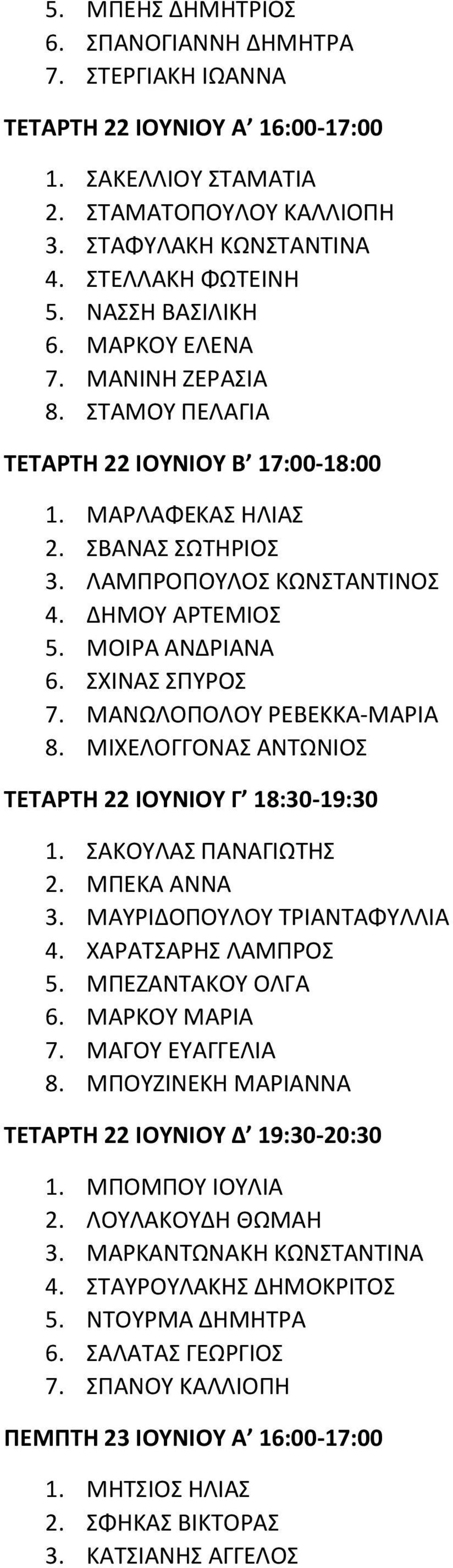 ΜΟΙΡΑ ΑΝΔΡΙΑΝΑ 6. ΣΧΙΝΑΣ ΣΠΥΡΟΣ 7. ΜΑΝΩΛΟΠΟΛΟΥ ΡΕΒΕΚΚΑ-ΜΑΡΙΑ 8. ΜΙΧΕΛΟΓΓΟΝΑΣ ΑΝΤΩΝΙΟΣ ΤΕΤΑΡΤΗ 22 ΙΟΥΝΙΟΥ Γ 18:30-19:30 1. ΣΑΚΟΥΛΑΣ ΠΑΝΑΓΙΩΤΗΣ 2. ΜΠΕΚΑ ΑΝΝΑ 3. ΜΑΥΡΙΔΟΠΟΥΛΟΥ ΤΡΙΑΝΤΑΦΥΛΛΙΑ 4.