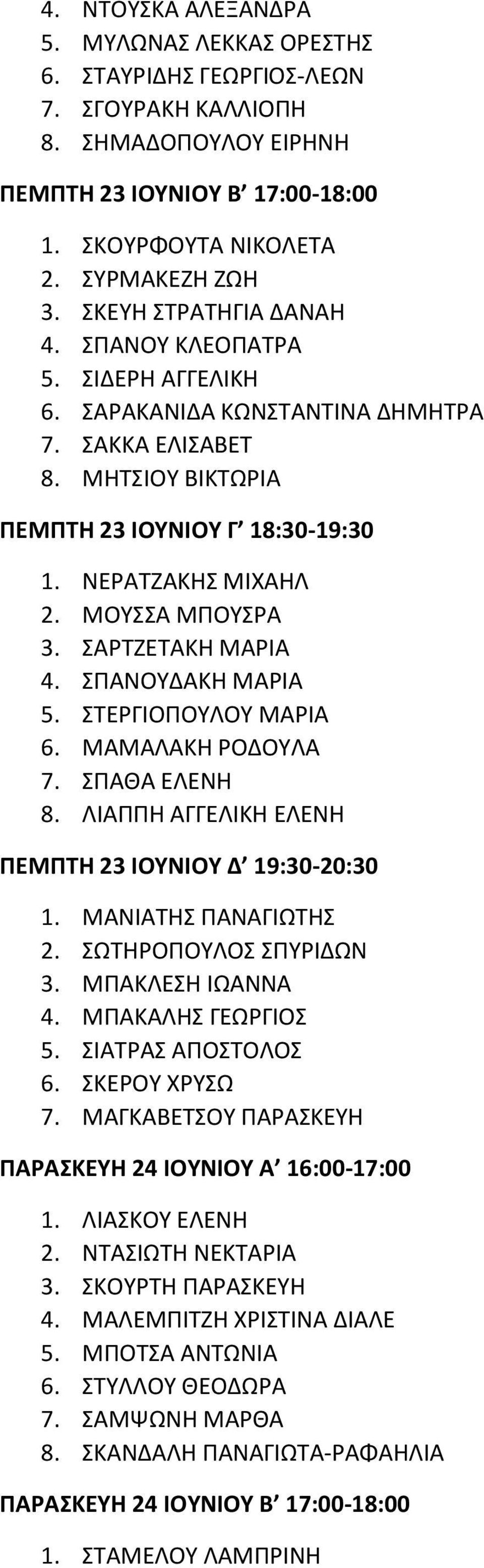 ΜΟΥΣΣΑ ΜΠΟΥΣΡΑ 3. ΣΑΡΤΖΕΤΑΚΗ ΜΑΡΙΑ 4. ΣΠΑΝΟΥΔΑΚΗ ΜΑΡΙΑ 5. ΣΤΕΡΓΙΟΠΟΥΛΟΥ ΜΑΡΙΑ 6. ΜΑΜΑΛΑΚΗ ΡΟΔΟΥΛΑ 7. ΣΠΑΘΑ ΕΛΕΝΗ 8. ΛΙΑΠΠΗ ΑΓΓΕΛΙΚΗ ΕΛΕΝΗ ΠΕΜΠΤΗ 23 ΙΟΥΝΙΟΥ Δ 19:30-20:30 1. ΜΑΝΙΑΤΗΣ ΠΑΝΑΓΙΩΤΗΣ 2.