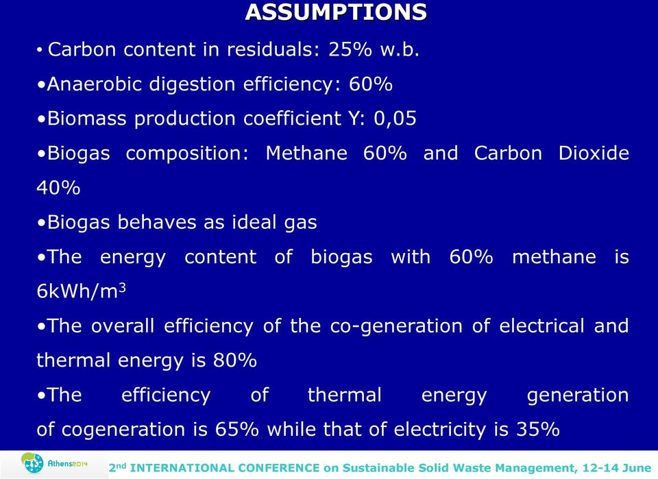 Anaerobic digestion efficiency: 60% Biomass production coefficient Y: 0,05 Biogas composition: Methane 60% and