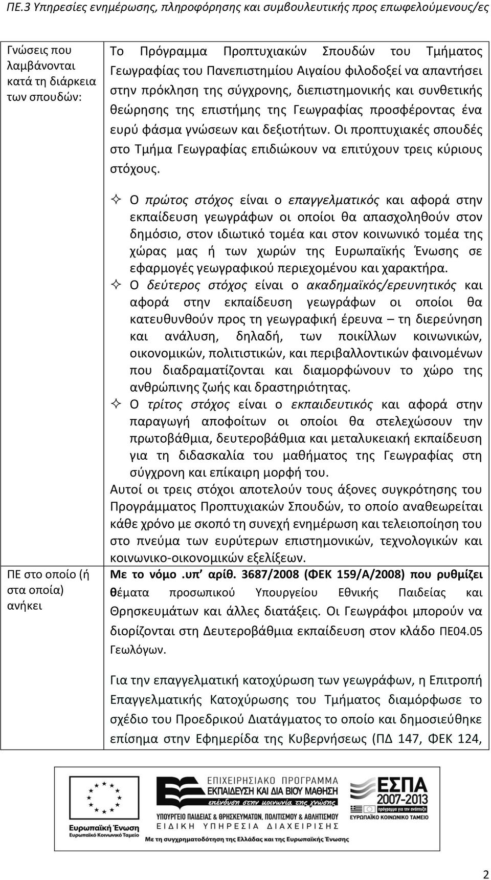 Οι προπτυχιακές σπουδές στο Τμήμα Γεωγραφίας επιδιώκουν να επιτύχουν τρεις κύριους στόχους.