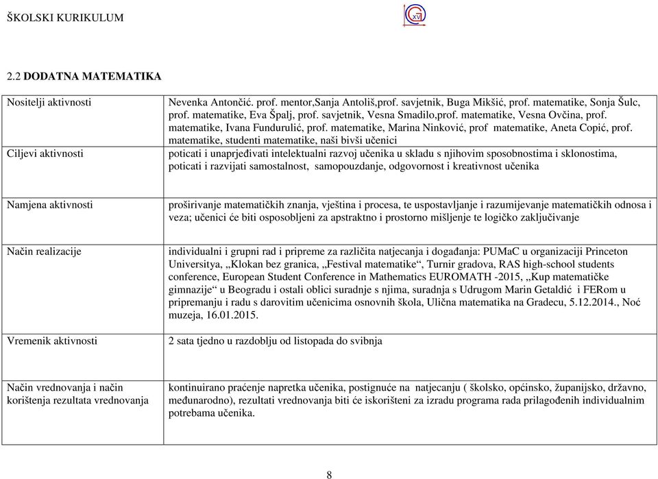 matematike, studenti matematike, naši bivši učenici poticati i unaprjeñivati intelektualni razvoj učenika u skladu s njihovim sposobnostima i sklonostima, poticati i razvijati samostalnost,