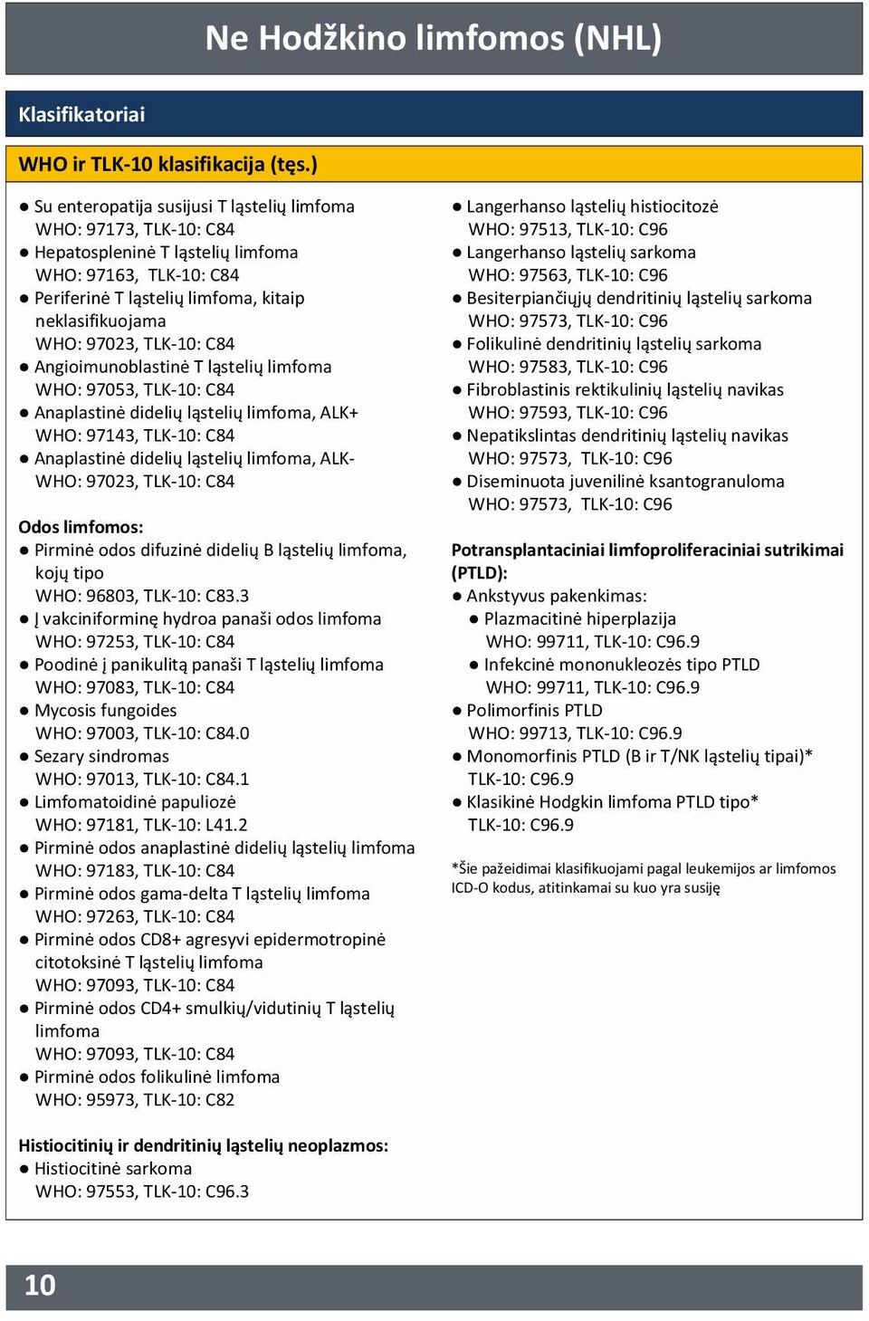 C84 Angioimunoblastinė T ląstelių limfoma WHO: 97053, TLK10: C84 Anaplastinė didelių ląstelių limfoma, ALK+ WHO: 97143, TLK10: C84 Anaplastinė didelių ląstelių limfoma, ALK WHO: 97023, TLK10: C84
