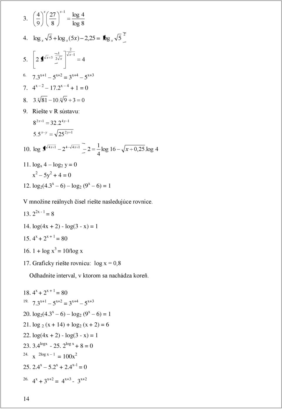 log(4 + ) - log( - ) = 5. 4 + + = 80 6. + log = 0/log 7. Graficky riešte rovicu: log = 0,8 Odhadite iterval, v ktorom sa achádza koreň. 8. 4 + + = 80 9.