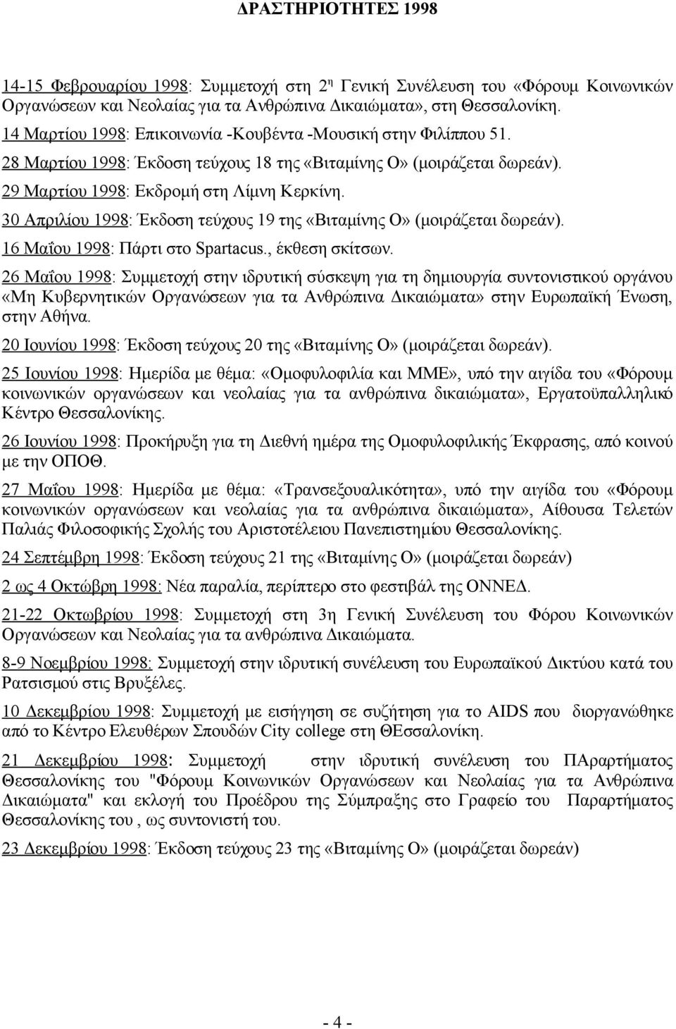 30 Απριλίου 1998: Έκδοση τεύχους 19 της «Βιταμίνης Ο» (μοιράζεται δωρεάν). 16 Μαΐου 1998: Πάρτι στο Spartacus., έκθεση σκίτσων.