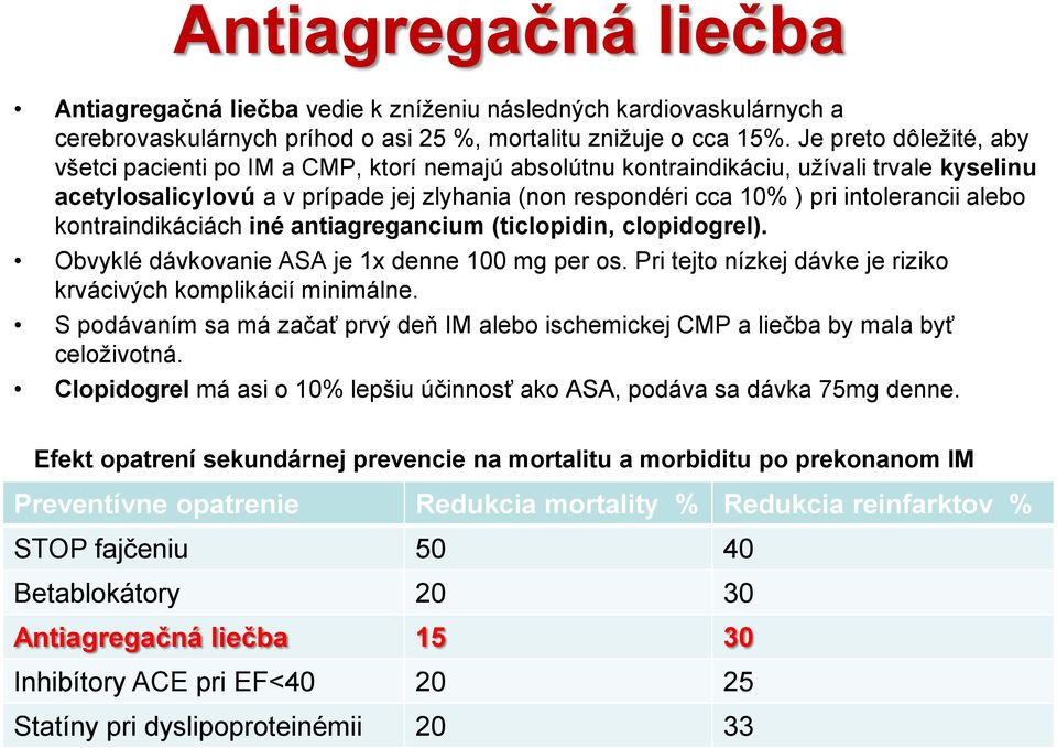 intolerancii alebo kontraindikáciách iné antiagregancium (ticlopidin, clopidogrel). Obvyklé dávkovanie ASA je 1x denne 100 mg per os. Pri tejto nízkej dávke je riziko krvácivých komplikácií minimálne.