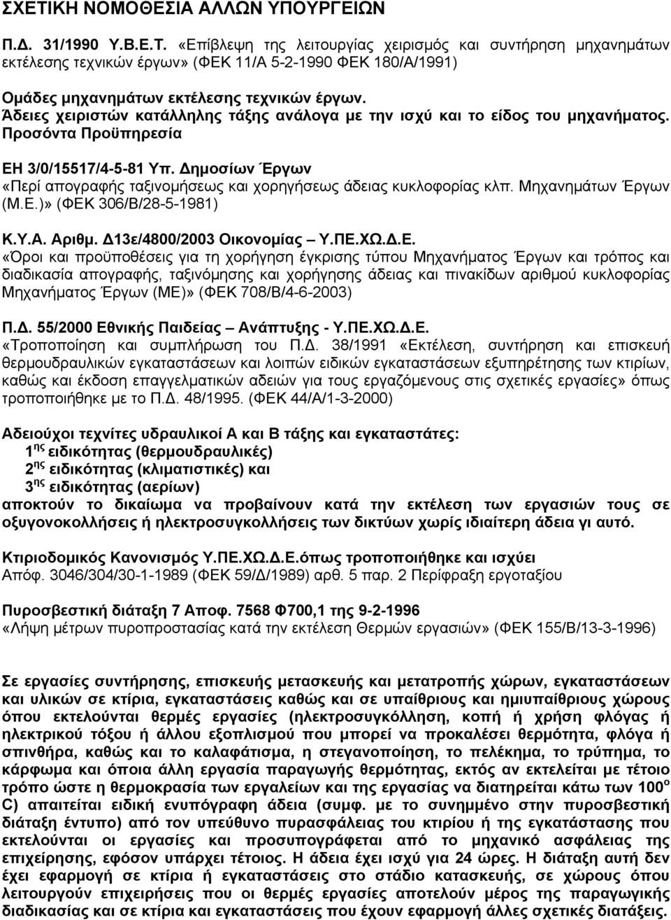 Δημοσίων Έργων «Περί απογραφής ταξινομήσεως και χορηγήσεως άδειας κυκλοφορίας κλπ. Μηχανημάτων Έργων (Μ.Ε.