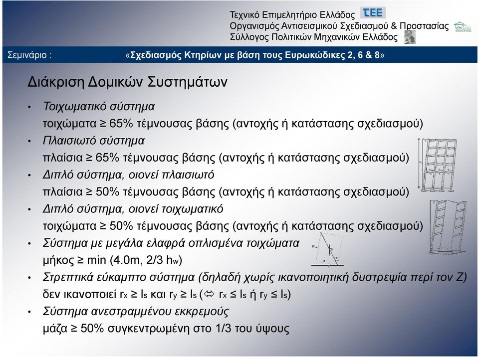 τοιχώματα 50% τέμνουσας βάσης (αντοχής ή ή κατάστασης σχεδιασμού) Σύστημα με μεγάλα ελαφρά οπλισμένα τοιχώματα μήκος min (4.