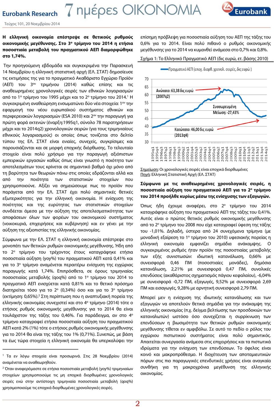 ΣΤΑΤ) δημοσίευσε τις εκτιμήσεις της για το πραγματικό Ακαθάριστο Εγχώριο Προϊόν (ΑΕΠ) του 3 ου τριμήνου (2014) καθώς επίσης και τις αναθεωρημένες χρονολογικές σειρές των εθνικών λογαριασμών από το 1