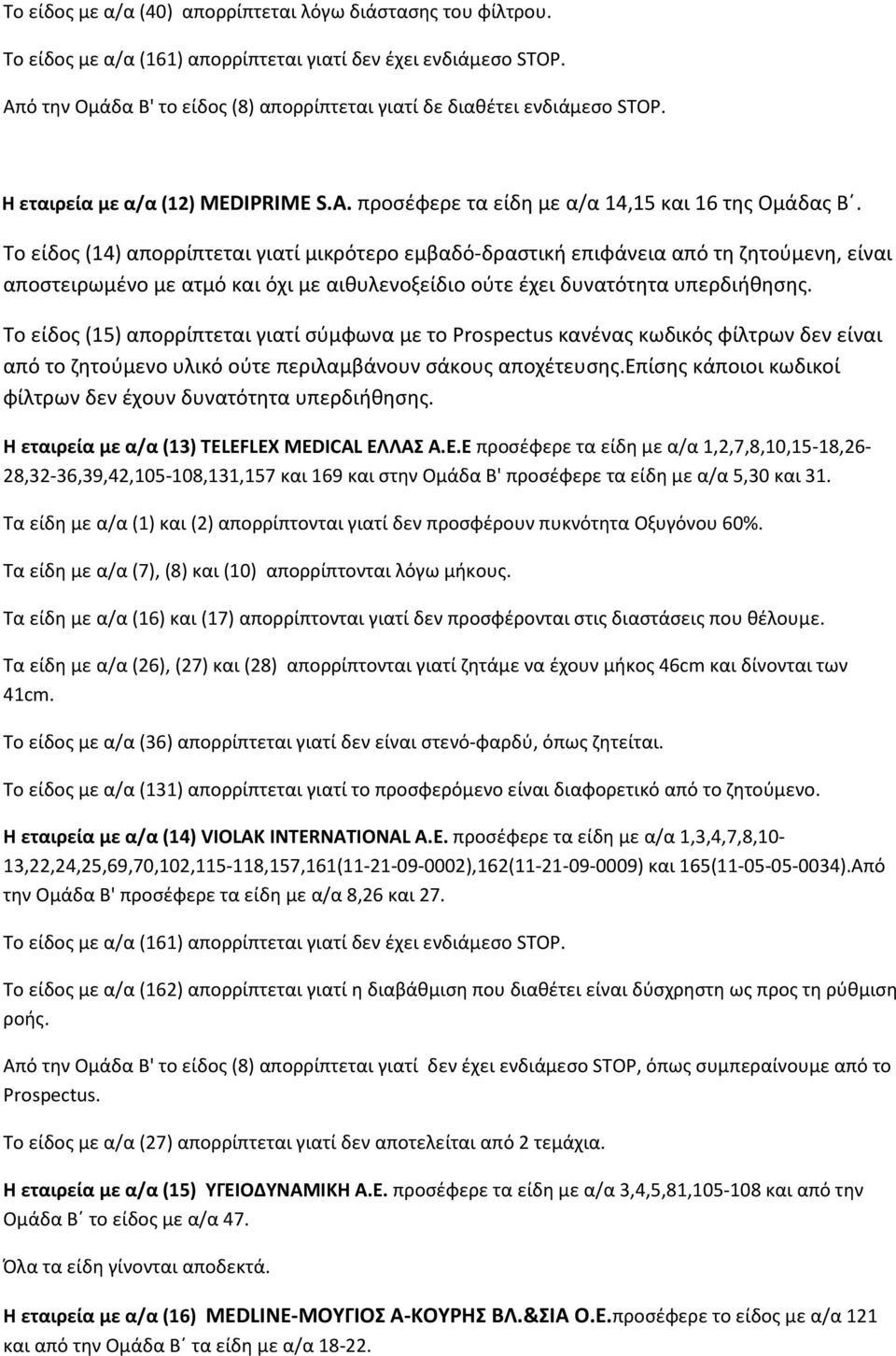 Το είδος (14) απορρίπτεται γιατί μικρότερο εμβαδό-δραστική επιφάνεια από τη ζητούμενη, είναι αποστειρωμένο με ατμό και όχι με αιθυλενοξείδιο ούτε έχει δυνατότητα υπερδιήθησης.