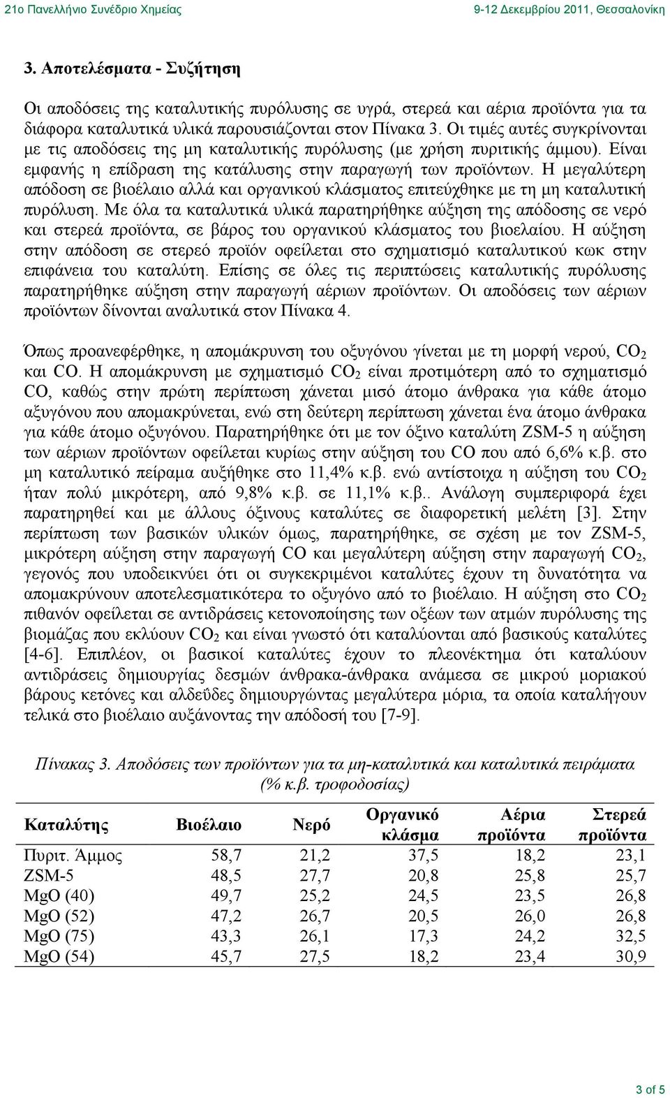 Η µεγαλύτερη απόδοση σε βιοέλαιο αλλά και οργανικού κλάσµατος επιτεύχθηκε µε τη µη καταλυτική πυρόλυση.