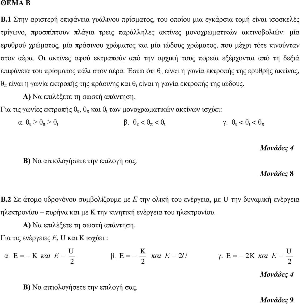 πράσινου χρώματος και μία ιώδους χρώματος, που μέχρι τότε κινούνταν στον αέρα. Οι ακτίνες αφού εκτραπούν από την αρχική τους πορεία εξέρχονται από τη δεξιά επιφάνεια του πρίσματος πάλι στον αέρα.