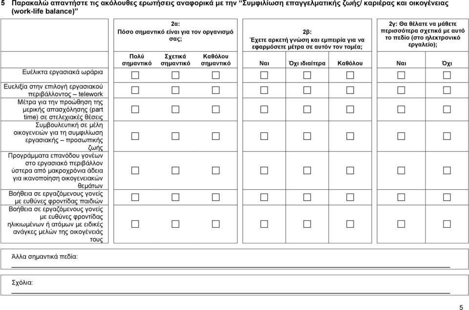 Ευελιξία στην επιλογή εργασιακού περιβάλλοντος telework Μέτρα για την προώθηση της μερικής απασχόλησης (part time) σε στελεχιακές θέσεις Συμβουλευτική σε μέλη οικογενειών για τη συμφιλίωση εργασιακής