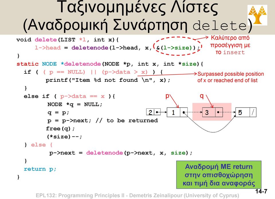 NODE *q = NULL; q = p; p = p->next; // to be returned free(q); (*size)--; else { p->next = delete(p->next, x, size); return p; Surpassed