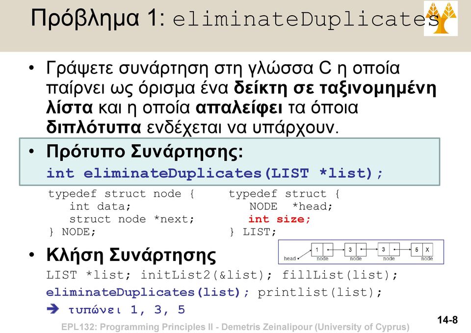 Πρότυπο Συνάρτησης: int eliminateduplicates(list *list); typedef struct { int data; struct *next; NODE; typedef