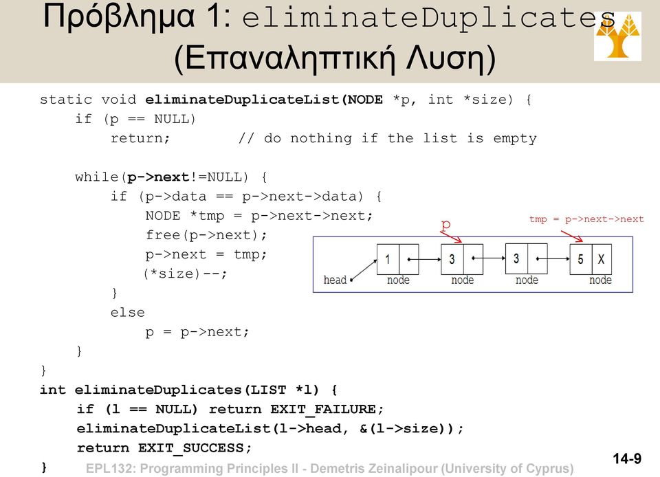 =null) { if (p->data == p->next->data) { NODE *tmp = p->next->next; p free(p->next); p->next = tmp; (*size)--; else p