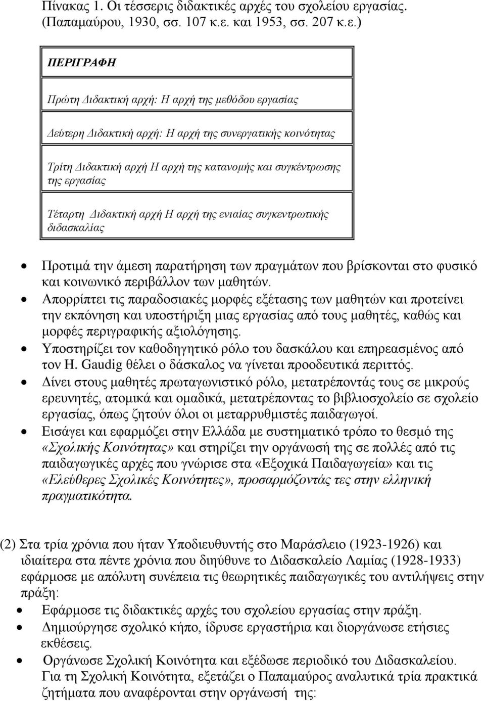 ου εργασίας. (Παπαμαύρου, 1930, σσ. 107 κ.ε. και 1953, σσ. 207 κ.ε.) ΠΕΡΙΓΡΑΦΗ Πρώτη Διδακτική αρχή: Η αρχή της μεθόδου εργασίας Δεύτερη Διδακτική αρχή: Η αρχή της συνεργατικής κοινότητας Τρίτη