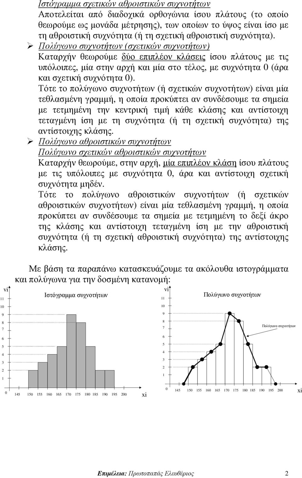 Πολύγωνο συχνοτήτων (σχετικών συχνοτήτων) Καταρχήν θεωρούµε δύο επιπλέον κλάσεις ίσου πλάτους µε τις υπόλοιπες, µία στην αρχή και µία στο τέλος, µε συχνότητα (άρα και σχετική συχνότητα ).