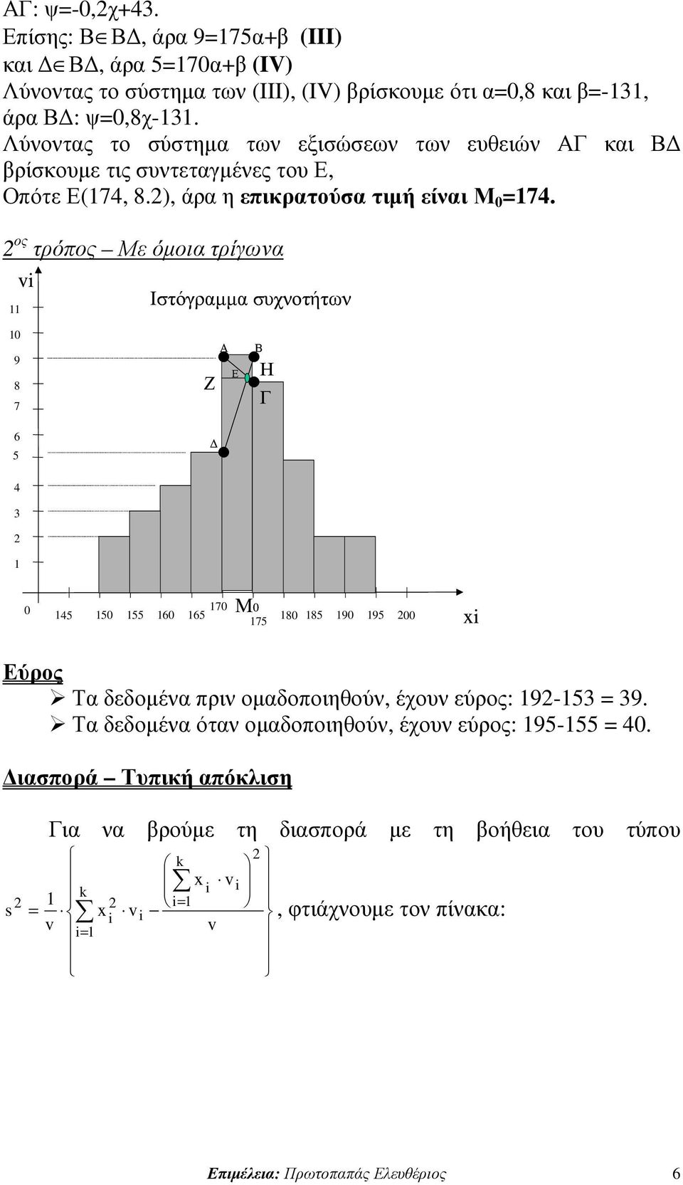 ος τρόπος Με όµοια τρίγωνα v Ιστόγραµµα συχνοτήτων 7 6 Ζ Α Β Ε Η Γ 4 3 7 Μ 4 6 6 7 Εύρος Τα δεδοµένα πριν οµαδοποιηθούν, έχουν εύρος: -3 = 3.