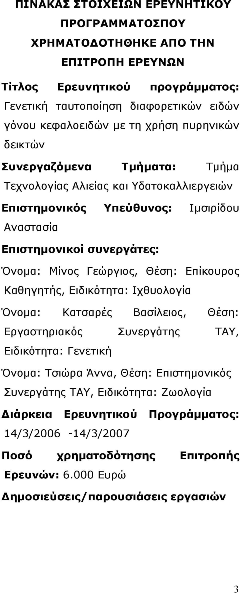 Μίνος Γεώργιος, Θέση: Επίκουρος Καθηγητής, Ειδικότητα: Ιχθυολογία Όνοµα: Kατσαρές Βασίλειος, Θέση: Εργαστηριακός Συνεργάτης ΤΑΥ, Ειδικότητα: Γενετική Όνοµα: Τσιώρα Άννα, Θέση: