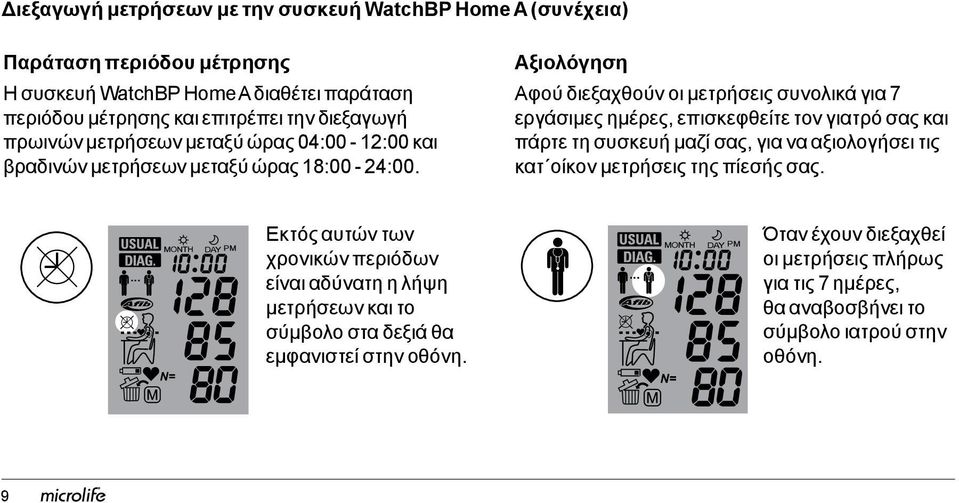 Αξιολόγηση Αφού διεξαχθούν οι μετρήσεις συνολικά για 7 εργάσιμες ημέρες, επισκεφθείτε τον γιατρό σας και πάρτε τη συσκευή μαζί σας, για να αξιολογήσει τις κατ οίκον