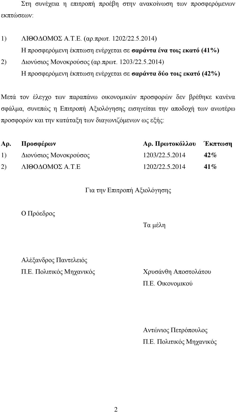 2014) Η προσφερόμενη έκπτωση ενέρχεται σε σαράντα δύο τοις εκατό (42%) Μετά τον έλεγχο των παραπάνω οικονομικών προσφορών δεν βρέθηκε κανένα σφάλμα, συνεπώς η Επιτροπή Αξιολόγησης εισηγείται την