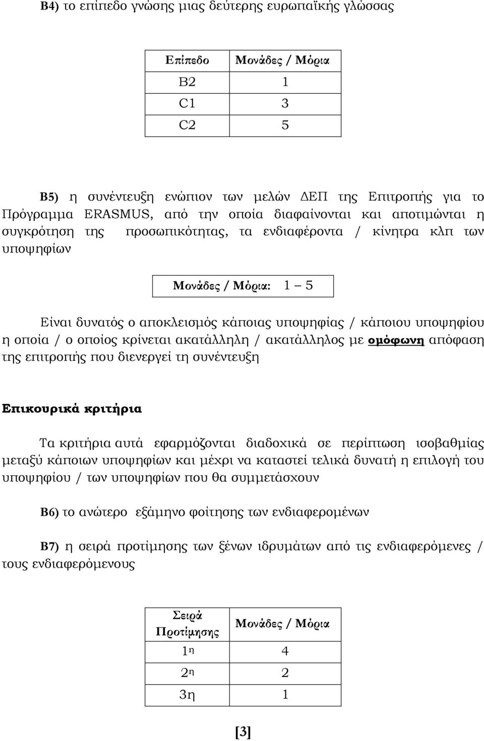 κρίνεται ακατάλληλη / ακατάλληλος με ομόφωνη απόφαση της επιτροπής που διενεργεί τη συνέντευξη Επικουρικά κριτήρια Τα κριτήρια αυτά εφαρμόζονται διαδοχικά σε περίπτωση ισοβαθμίας μεταξύ κάποιων