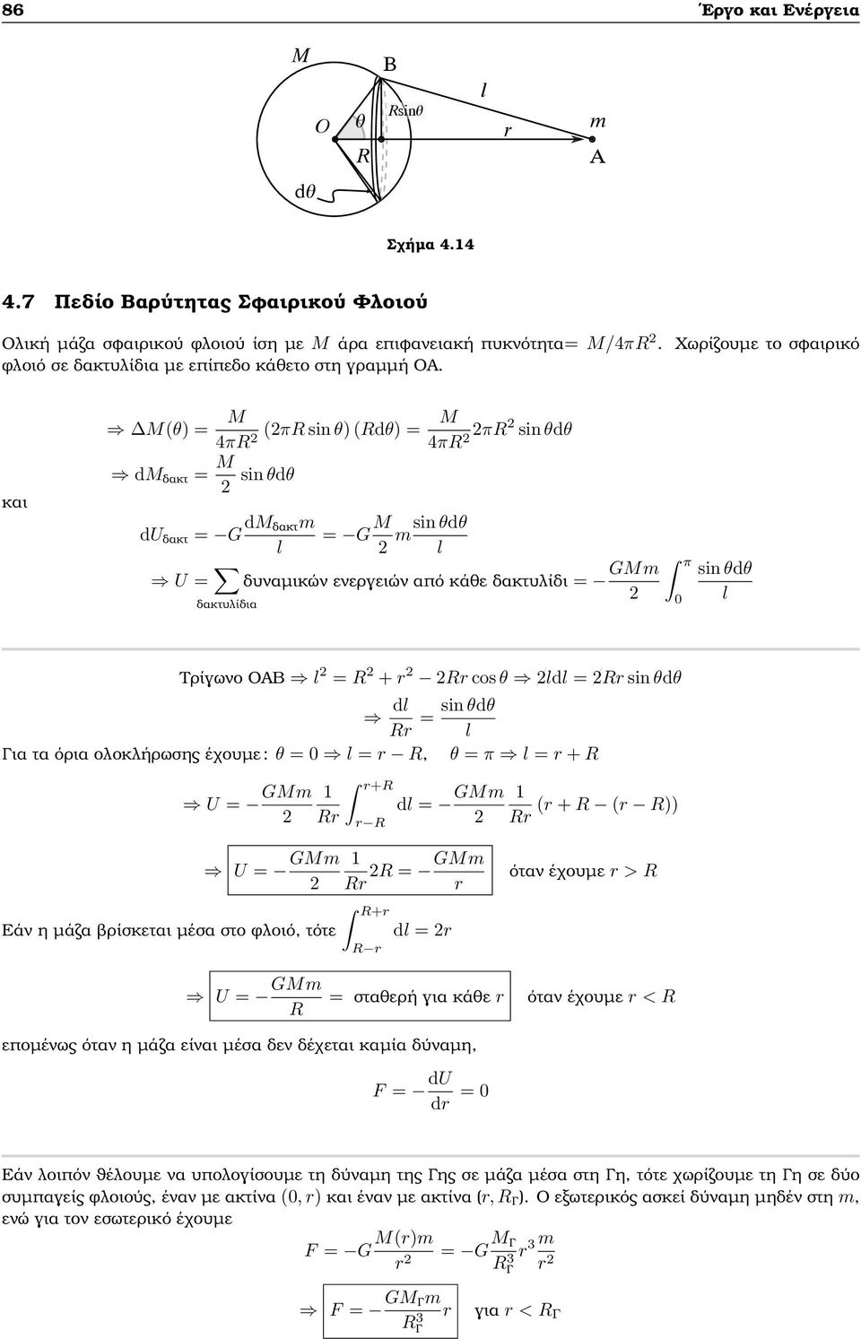 Χωρίζουµε το σφαιρικό και M(θ) = dm δακτ = M M (π sin θ) (dθ) = M 4π 4π π sin θdθ sin θdθ du δακτ = G dm δακτm l U = δακτυλίδια = G M msin θdθ l δυναµικών ενεργειών από κάθε δακτυλίδι = GMm π 0 sin