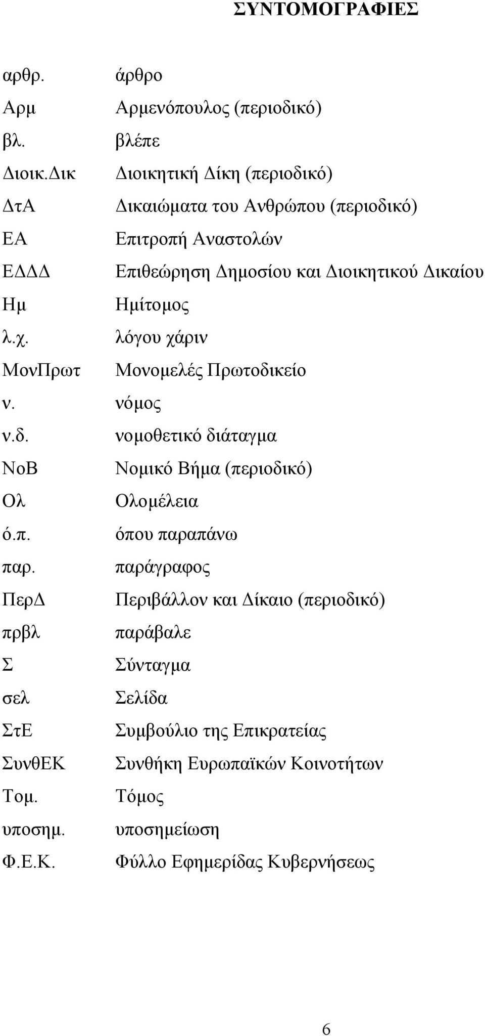 χ. λόγου χάριν ΜονΠρωτ Μονοµελές Πρωτοδικείο ν. νόµος ν.δ. νοµοθετικό διάταγµα ΝοΒ Νοµικό Βήµα (περιοδικό) Ολ Ολοµέλεια ό.π. όπου παραπάνω παρ.