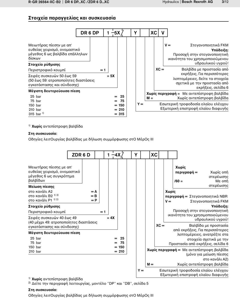 ρύθμισης Περιστροφικό κουμπί = 1 Σειρές συσκευών 5 έως 59 = 5X (5 έως 59: ατροποποίητες διαστάσεις εγκατάστασης και σύνδεσης) Μέγιστη δευτερεύουσα πίεση 25 bar = 25 75 bar = 75 15 bar = 15 21 bar =
