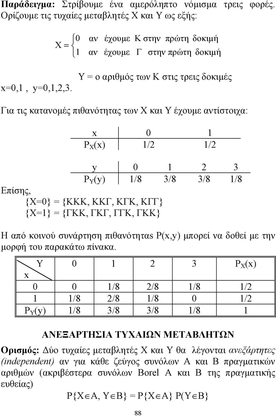 = {ΓKK, ΓKΓ, ΓΓK, ΓKK} Η από κοινού συνάρτηση πιθανότηταs P(x,y) μπορεί να δοθεί με την μορφή του παρακάτω πίνακα.