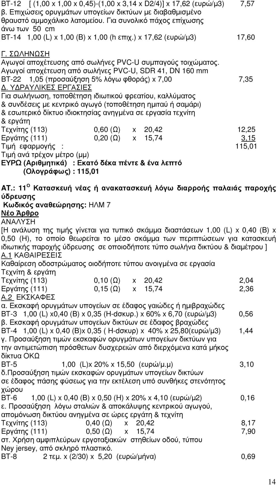 Αγωγοί αποχέτευση από σωλήνες PVC-U, SDR 41, DN 160 mm ΒΤ-22 1,05 (προσαύξηση 5% λόγω φθοράς) x 7,00 7,35.