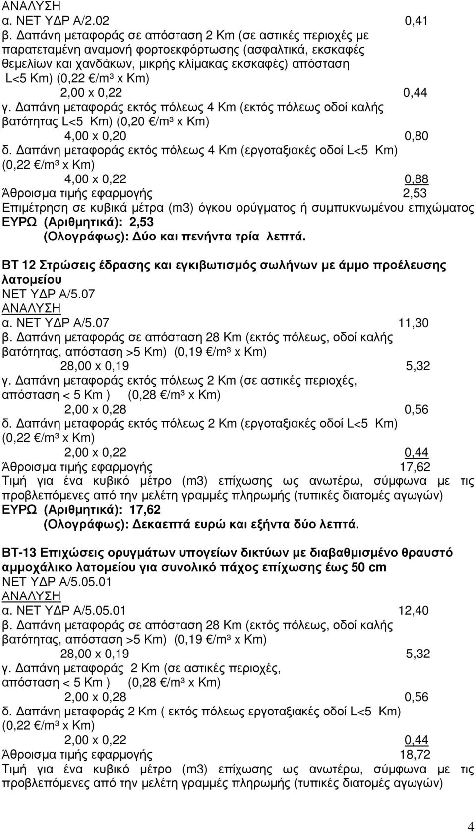 2,00 x 0,22 0,44 γ. απάνη µεταφοράς εκτός πόλεως 4 Κm (εκτός πόλεως οδοί καλής βατότητας L<5 Km) (0,20 /m³ x Km) 4,00 x 0,20 0,80 δ.