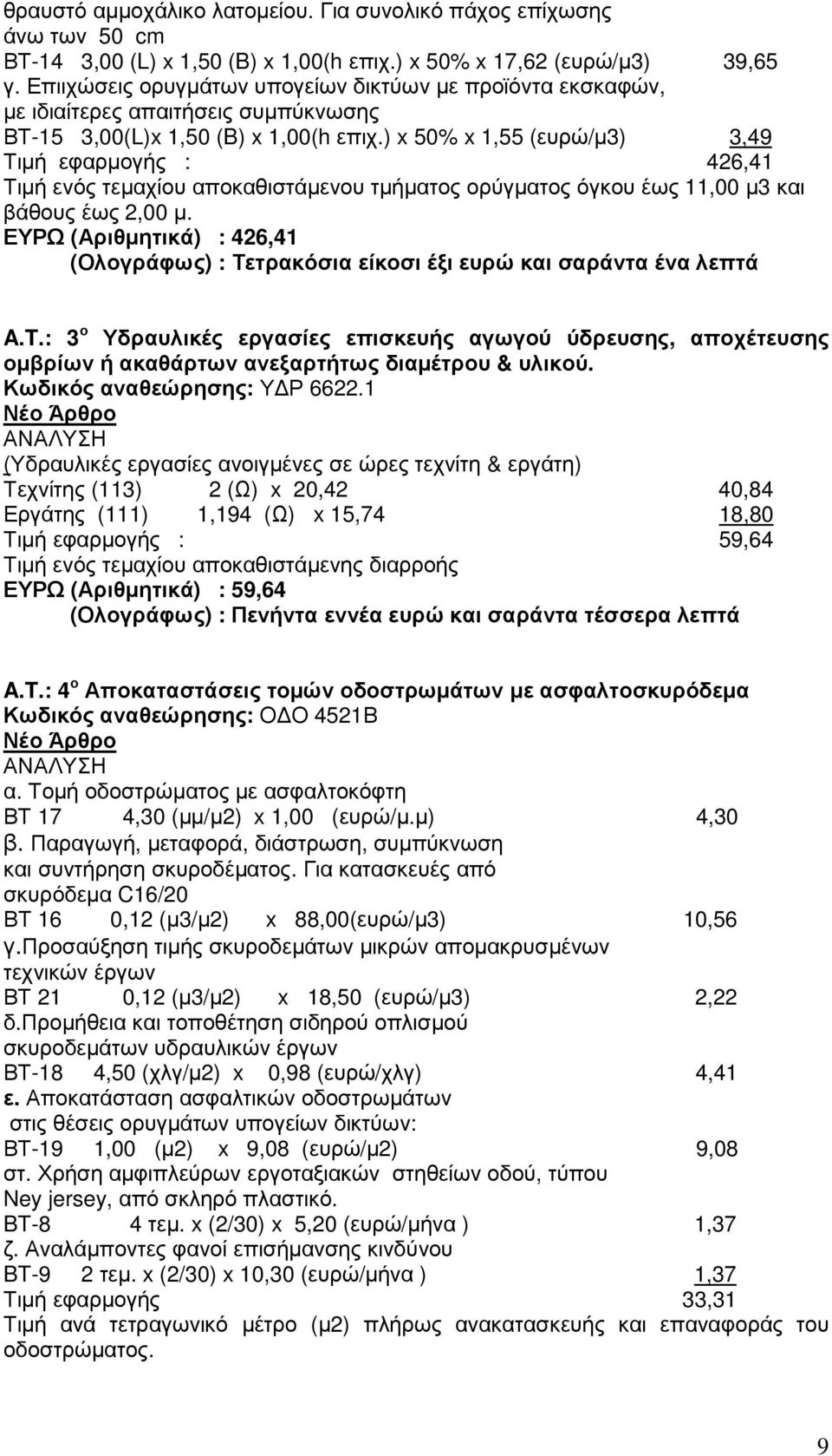 ) x 50% x 1,55 (ευρώ/µ3) 3,49 Τιµή εφαρµογής : 426,41 Τιµή ενός τεµαχίου αποκαθιστάµενου τµήµατος ορύγµατος όγκου έως 11,00 µ3 και βάθους έως 2,00 µ.