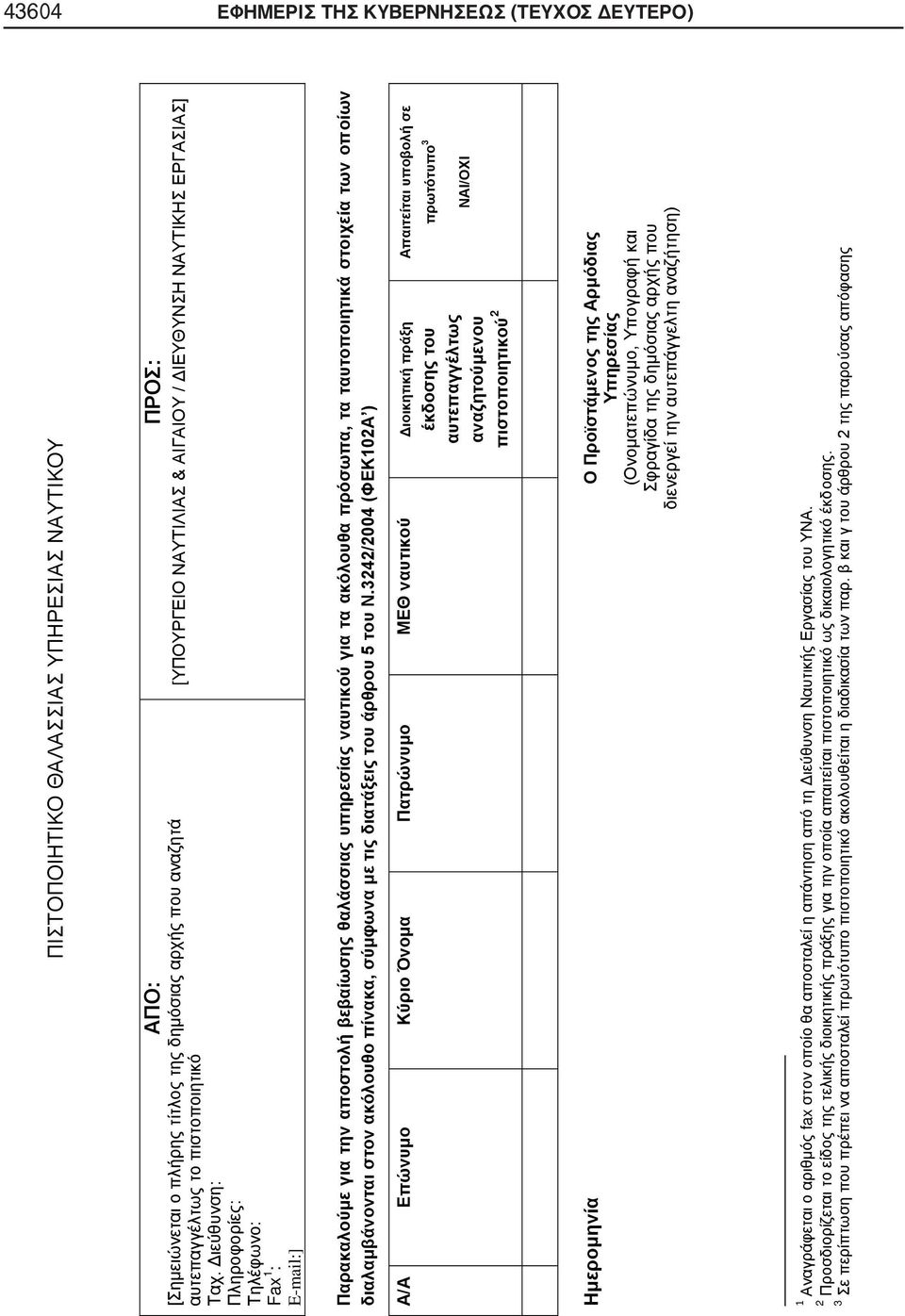 3242/2004 (ΦΕΚ102Α ) Α/Α Επώνυμο Κύριο Όνομα Πατρώνυμο ΜΕΘ ναυτικού Διοικητική πράξη πιστοποιητικού 2 Απαιτείται υποβολή σε πρωτότυπο 3 ΝΑΙ/ΟΧΙ Ημερομηνία Ο Προϊστάμενος της Αρμόδιας Υπηρεσίας