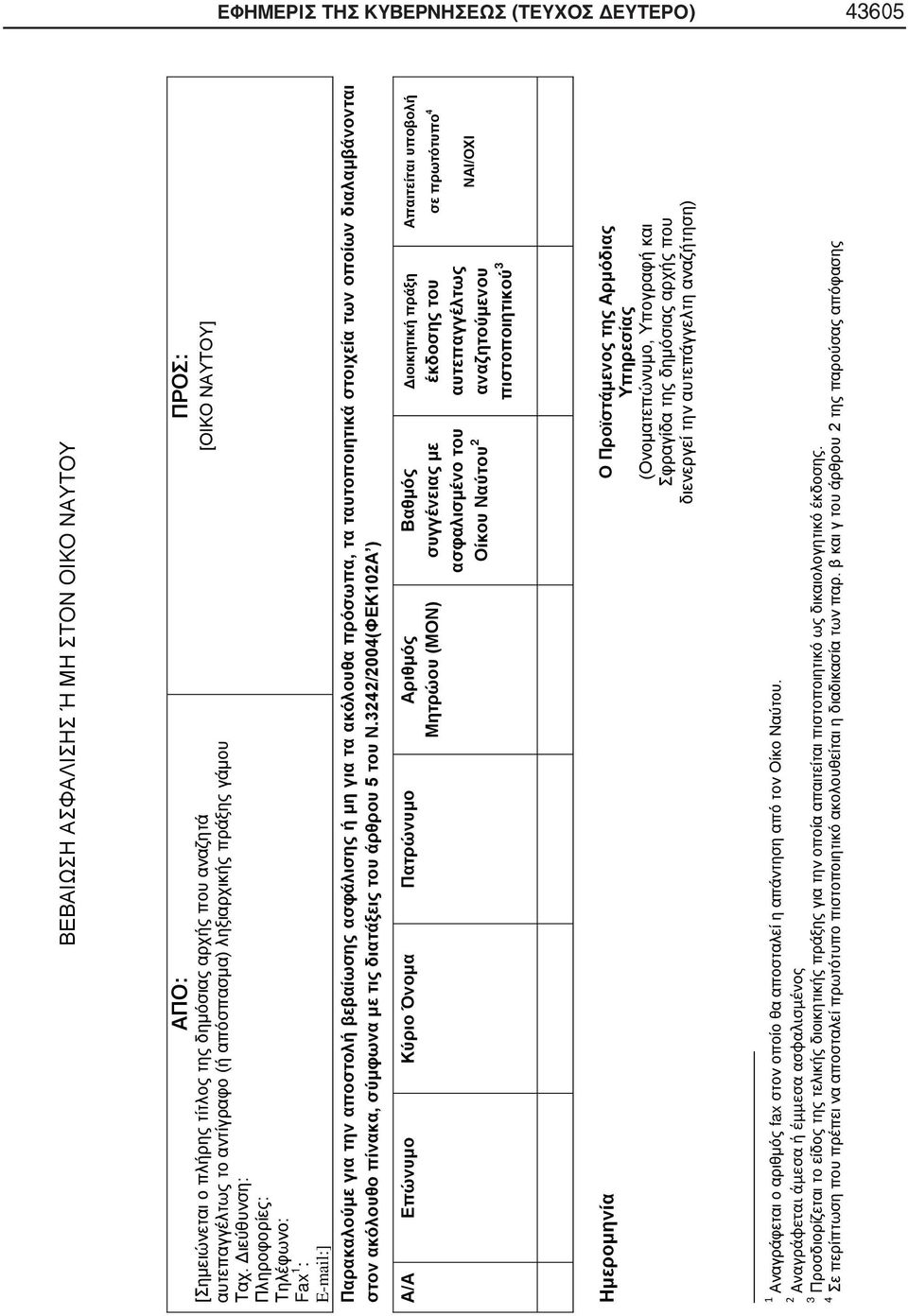 3242/2004(ΦΕΚ102Α ) Α/Α Επώνυμο Κύριο Όνομα Πατρώνυμο Αριθμός Μητρώου (ΜΟΝ) Βαθμός συγγένειας με ασφαλισμένο του Οίκου Ναύτου 2 Διοικητική πράξη πιστοποιητικού 3 Απαιτείται υποβολή σε πρωτότυπο 4